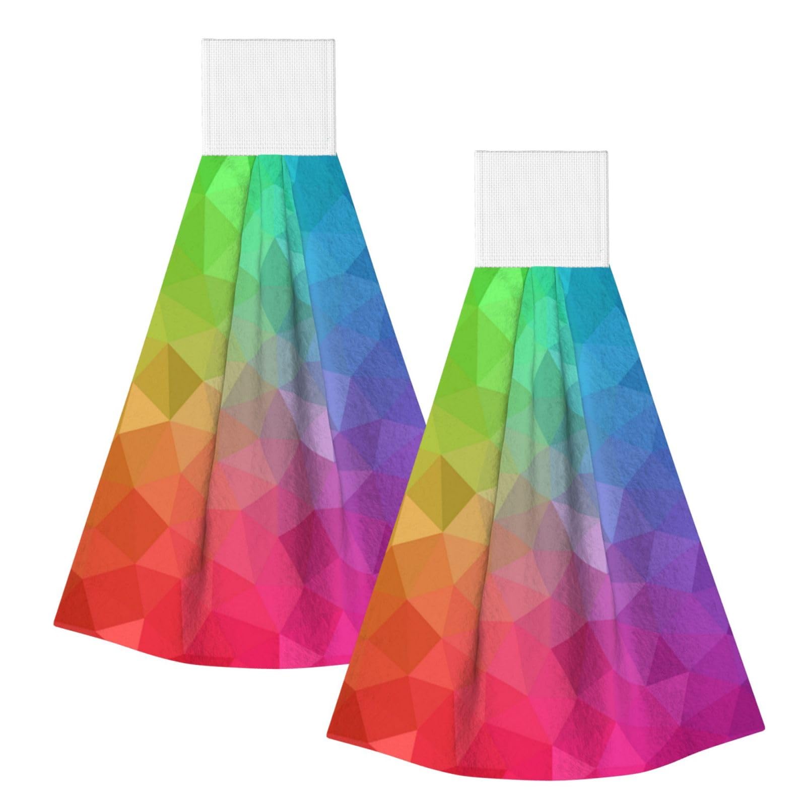 DOPKLNA Multicolor Polygonal Which Consist Triangles Rainbow, 2 Pcs Hanging Coral Fiber Hand Towels for Bathroom, Absorbent Kitchen Towels