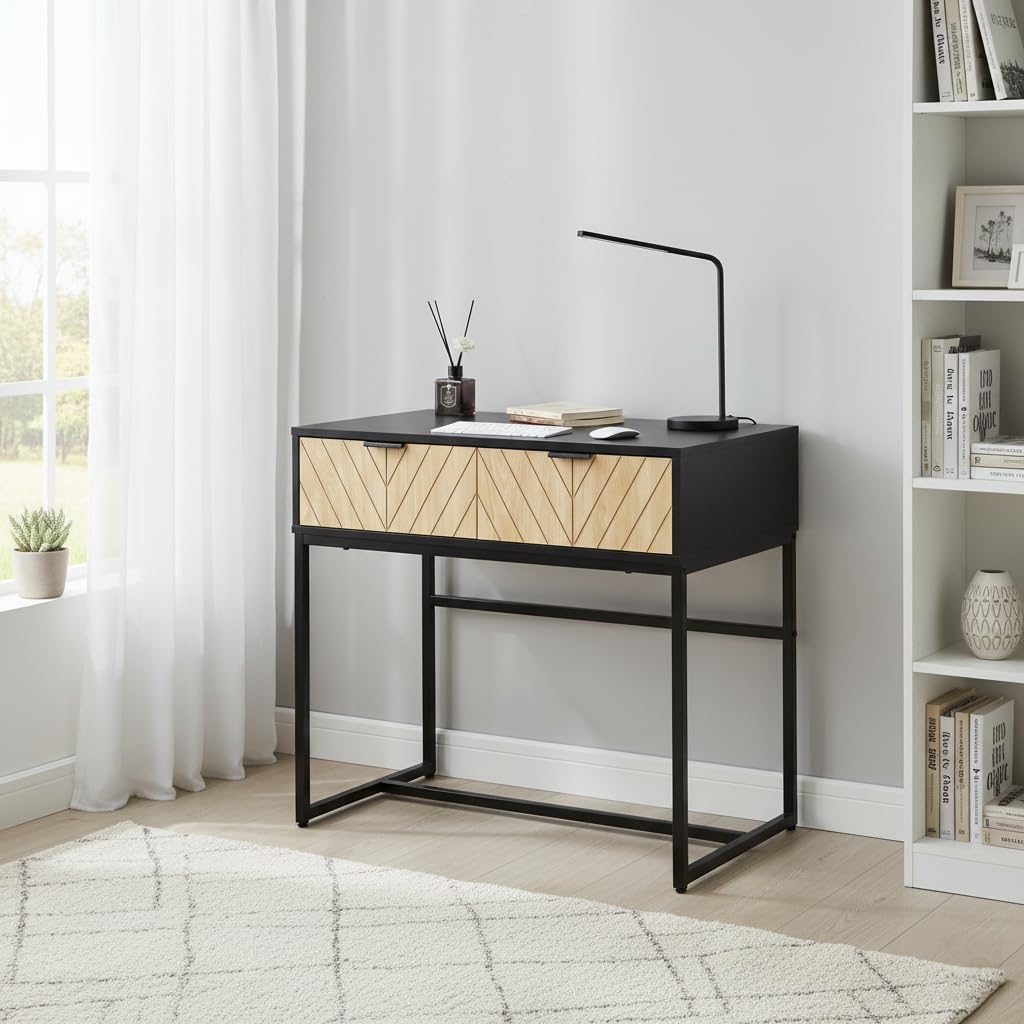 AC Pacific Bali Coastal Modern Console Table for Entryway, Hallway Decor, and Small Spaces, Compact Living Room Furniture with 2 Natural Wood Drawers, 32" Long, Black