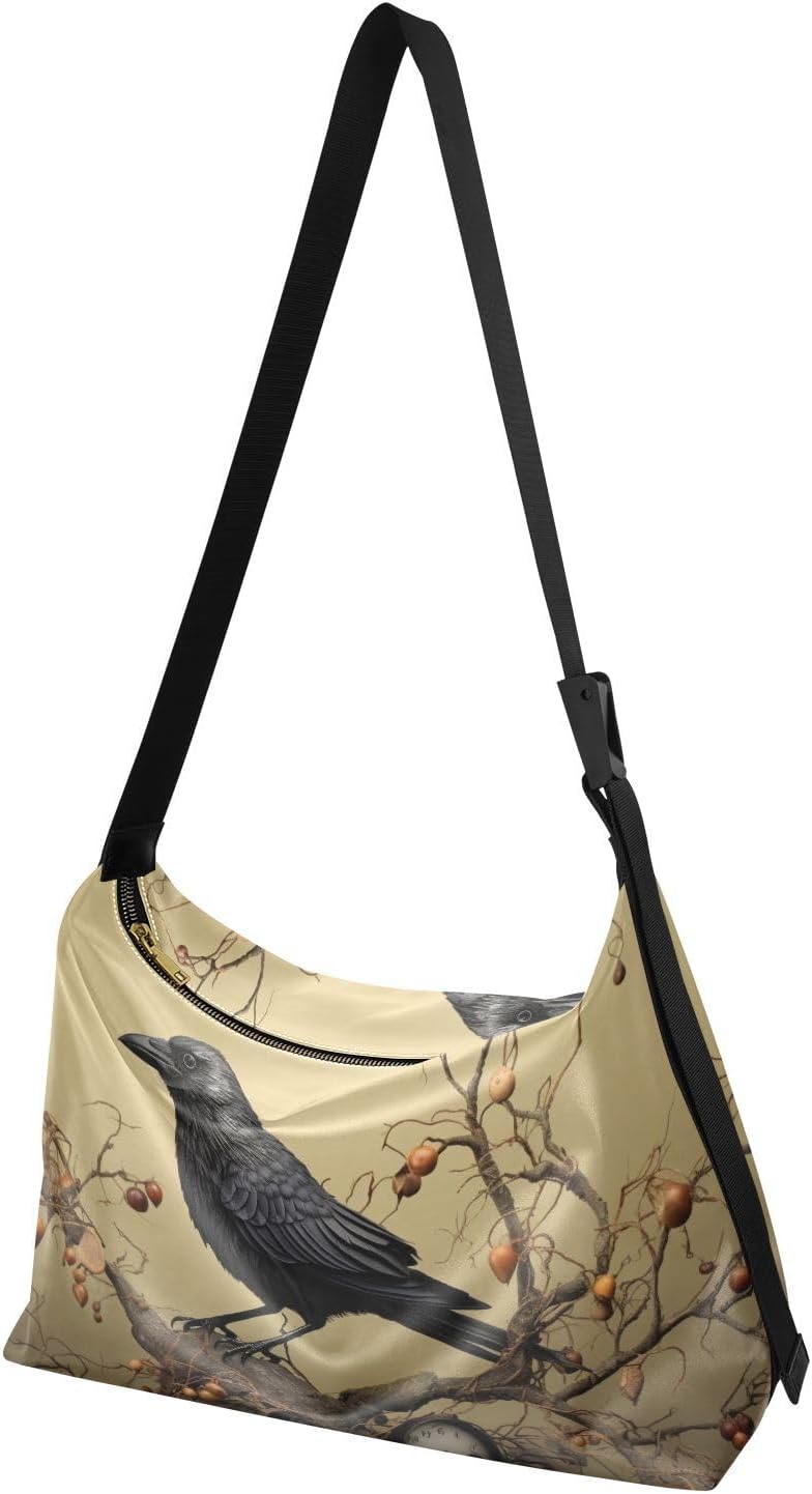 Women’s Crossbody Purse Shoulder Bag Steampunk Crow Print, Large Capacity Leather Handbags Zipper Closure with Fabric Strap