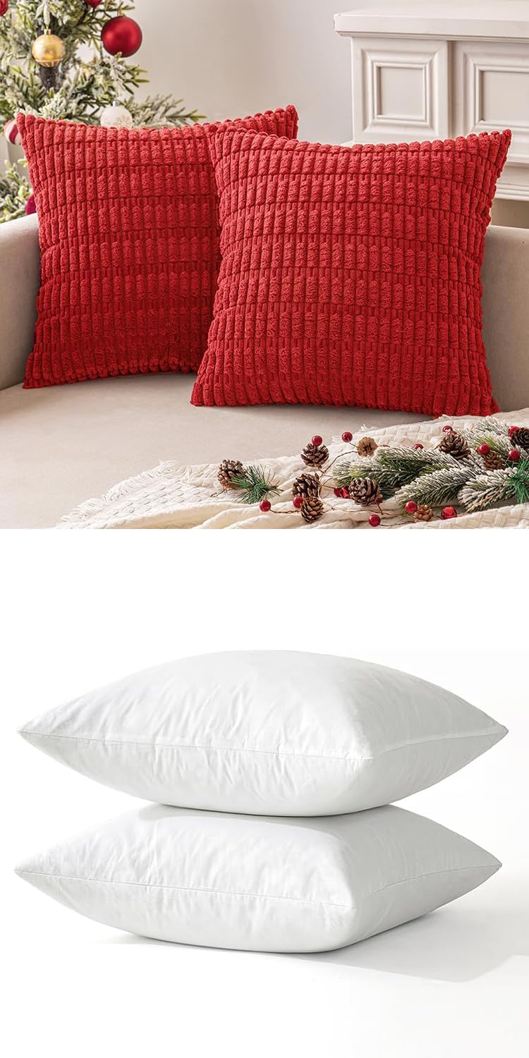 MIULEE Pack of 2 Christmas Red Corduroy Decorative Throw Pillow Covers 18x18 Inch Soft Boho Striped, 18x18 Pillow Inserts Pack of 2 Down Alternative Decorative Feather Throw Pillow Inserts for Sofa Be