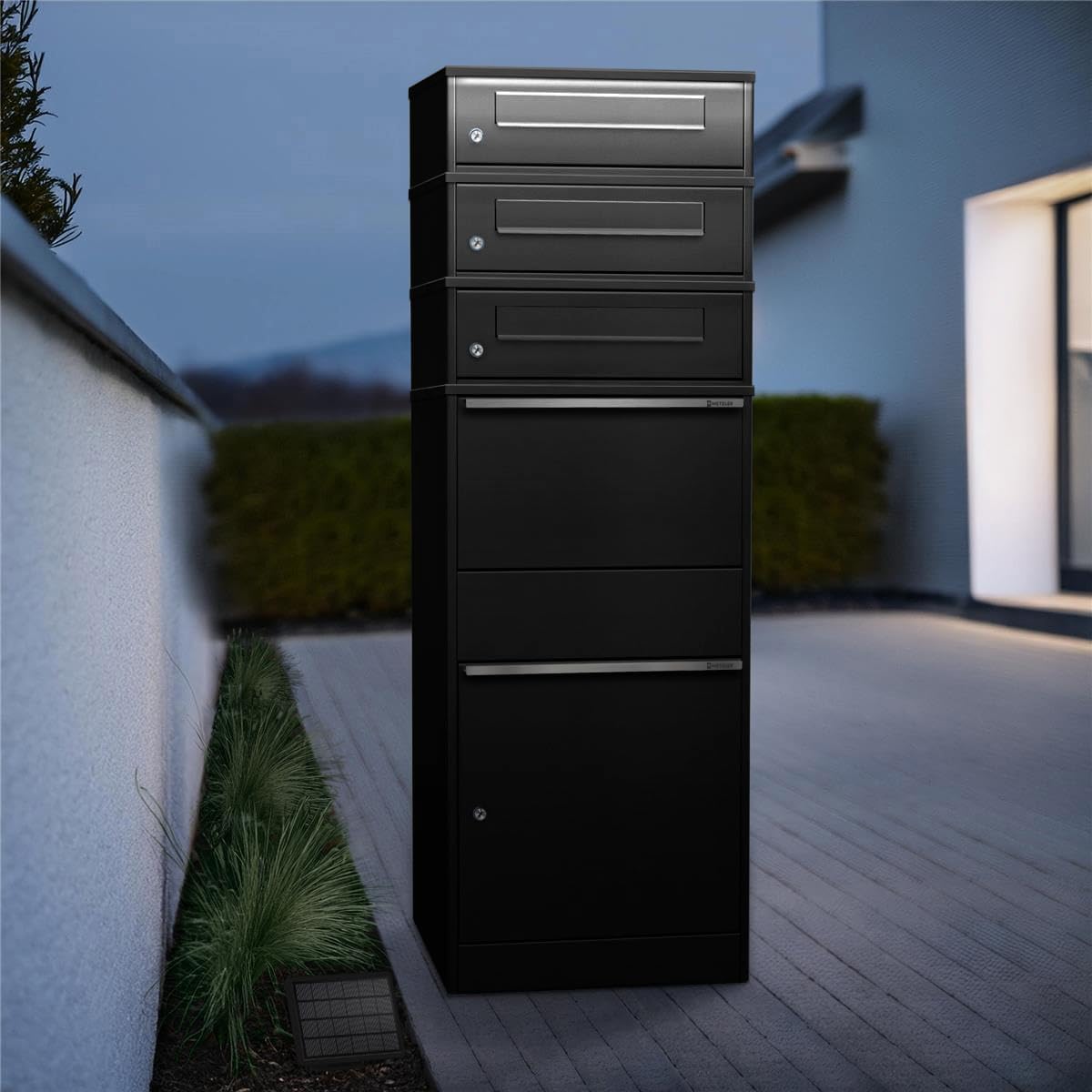 Parcel Box with LED Solar Lighting and Three Letterboxes, Lockable and Weatherproof in Black without Engraving, Freestanding Made of Powder-Coated Steel, for Contactless Delivery Outside