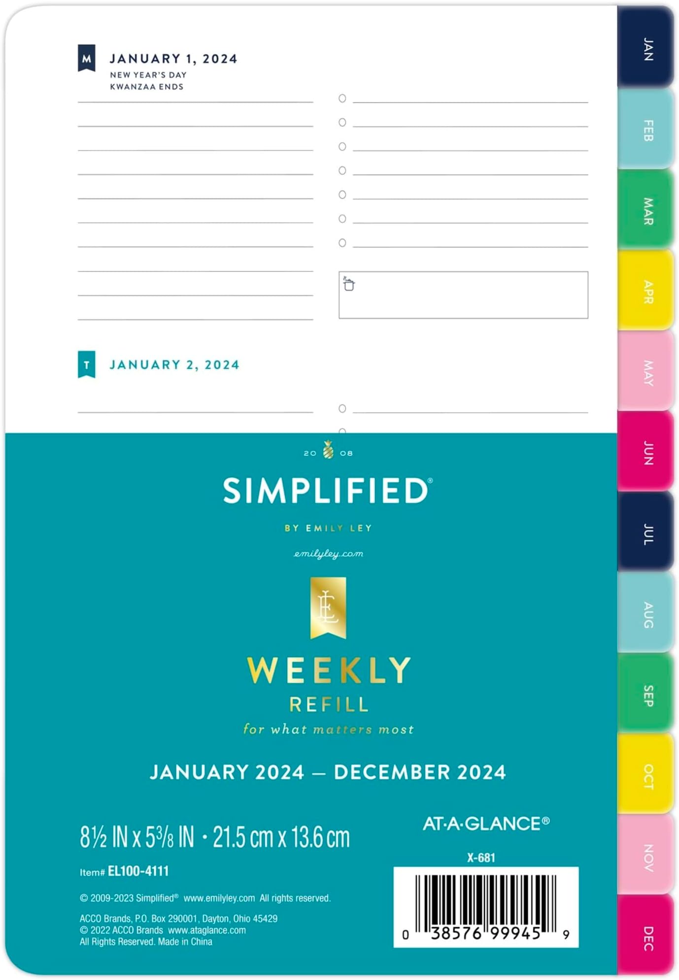 Simplified by Emily Ley for AT-A-GLANCE Weekly Loose-Leaf Planner Refill Pages, 5-1/2" x 8-1/2", January to December 2024, EL100-4111