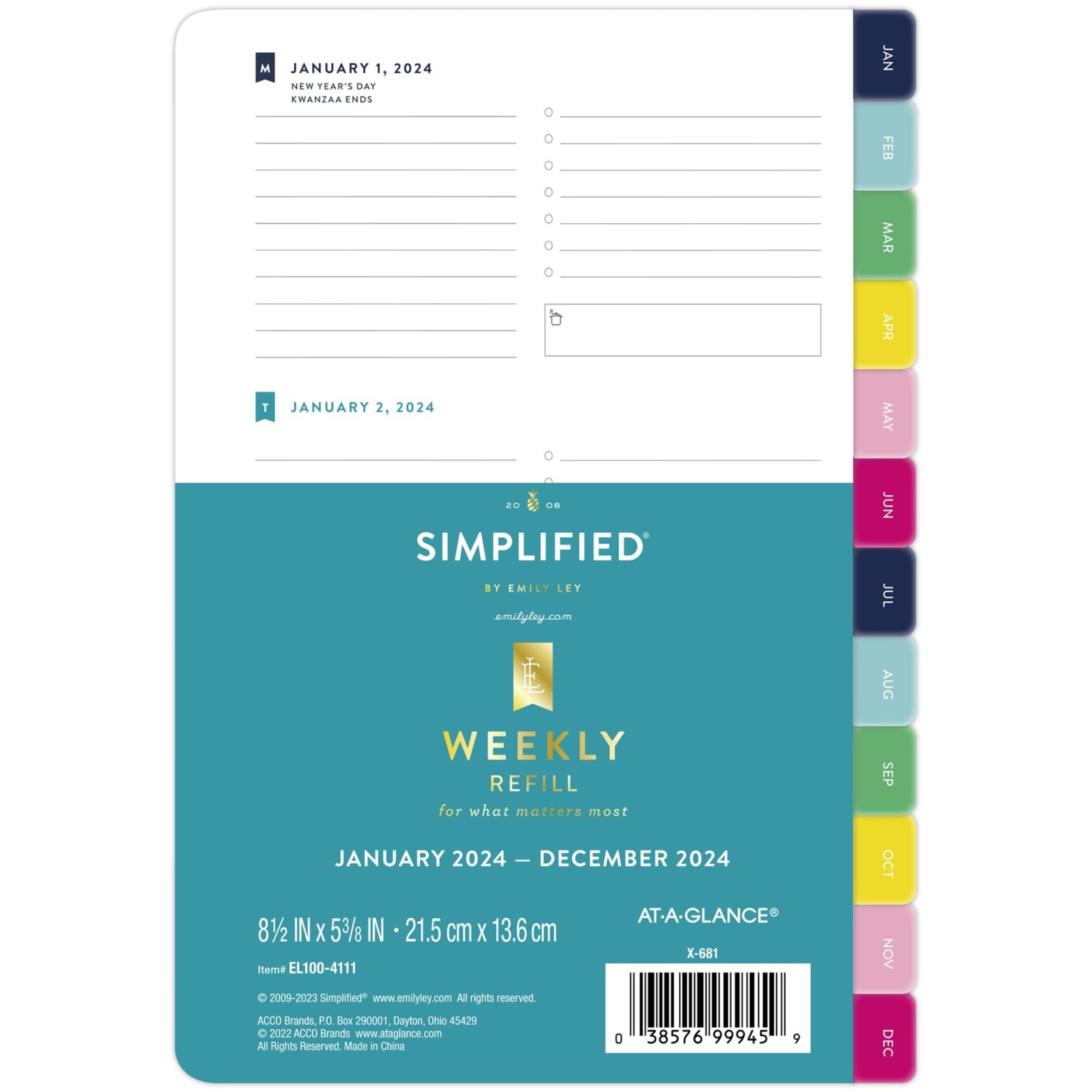 Simplified by Emily Ley for AT-A-GLANCE Weekly Loose-Leaf Planner Refill Pages, 5-1/2" x 8-1/2", January to December 2024, EL100-4111