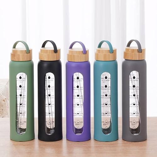 Miniatura 7 de Botella de agua de vidrio de 32 onzas con funda de silicona, tapa de bambú de boca ancha, botella de agua motivacional con marcador de tiempo,