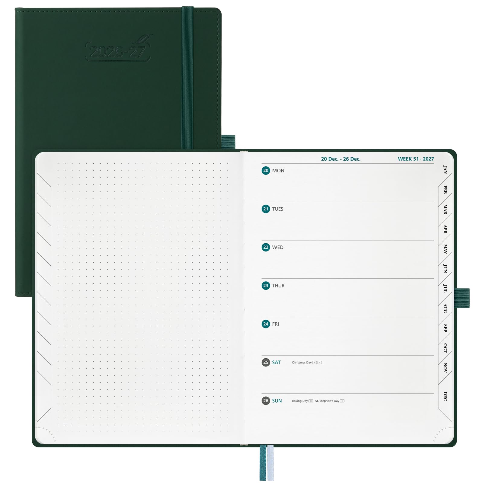 BEZEND A5 Academic Diary 2026-2027 Week to View with Note Pages (Jul 26-Dec 27) Equal Weekend. Weekly Planner Notebook with Monthly Tabs & 90 GSM Paper for Home School Office, Hardback, Forest Green
