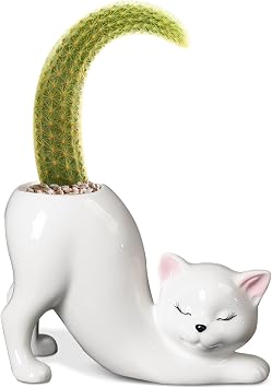 Ceramic Cat Planter, White Flower Pot with Drainage Hole, 5.712.953.86 Inch, Succulent Cactus Planter, Indoor Outdoor Decor for Desk Windowsill, Gift for Cat Lovers & Gardening Fans