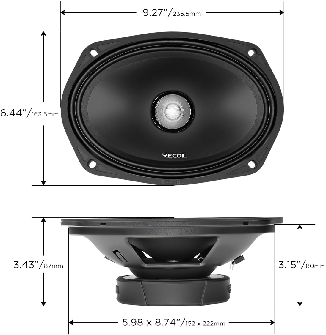 RECOIL MS694P 6X9-Inch Midrange Pro Audio Car Speakers, 700 Watts Max Pair 4Ohm, 1.5-Inch High Temperature Kapton Voice Coil