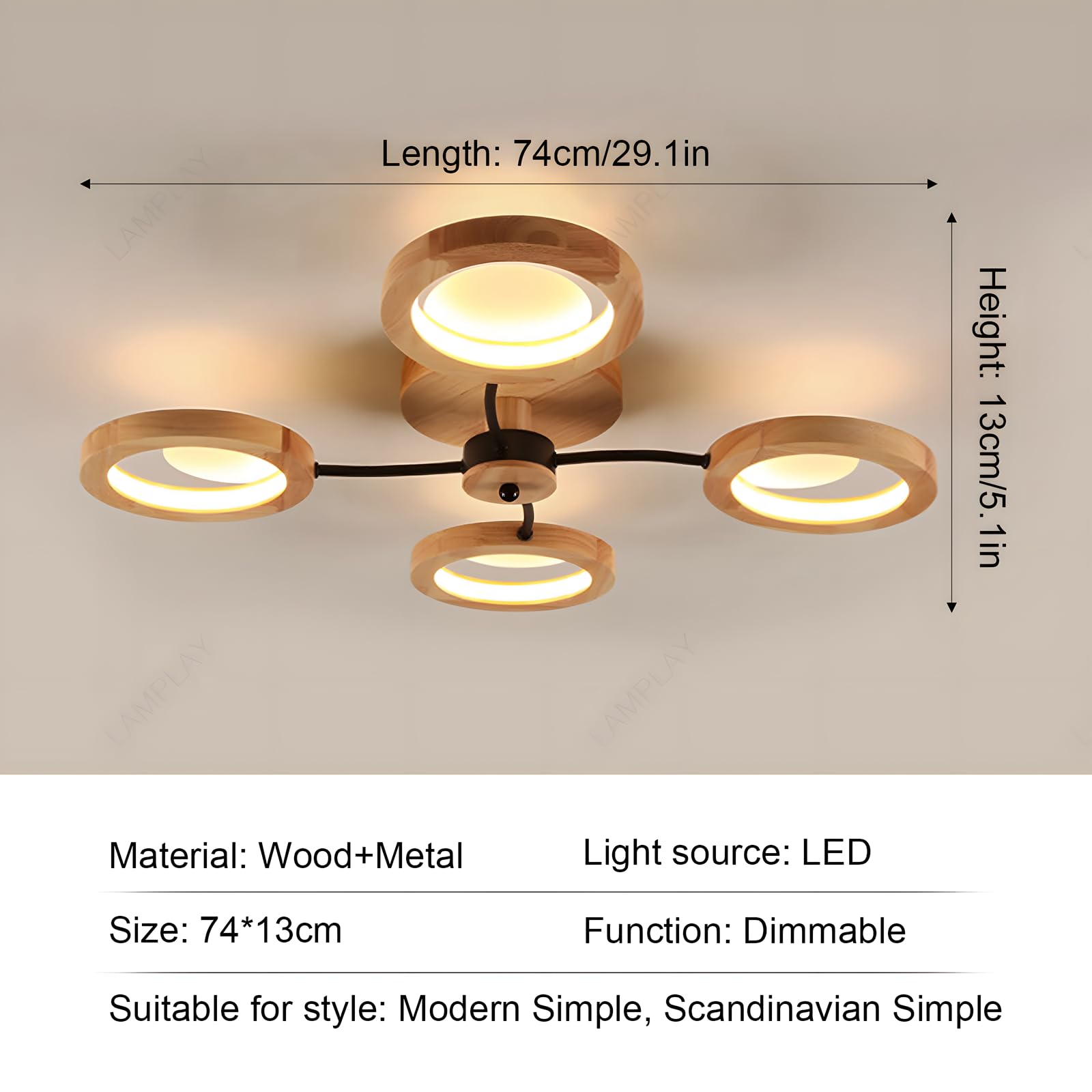 Moderne LED-Deckenleuchte, Ø74cm Kronleuchter Dimmbar Mit Fernbedienung 3000K-6000K, Schwarzer Arm + 4 Holzringe, Metallkreis-Lampenschirm, Wohnzimmer Schlafzimmer Esszimmer Arbeitszimmer Büro