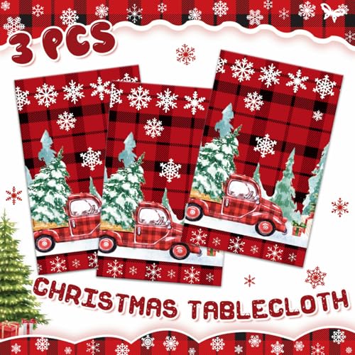 Christmas Tablecloth Christmas Red Truck Buffalo Plaid Tablecloths Christmas Snowflake Table Cover for Christmas New Year Birthday Holiday Party Decorations, 54x108 inch – Image 5