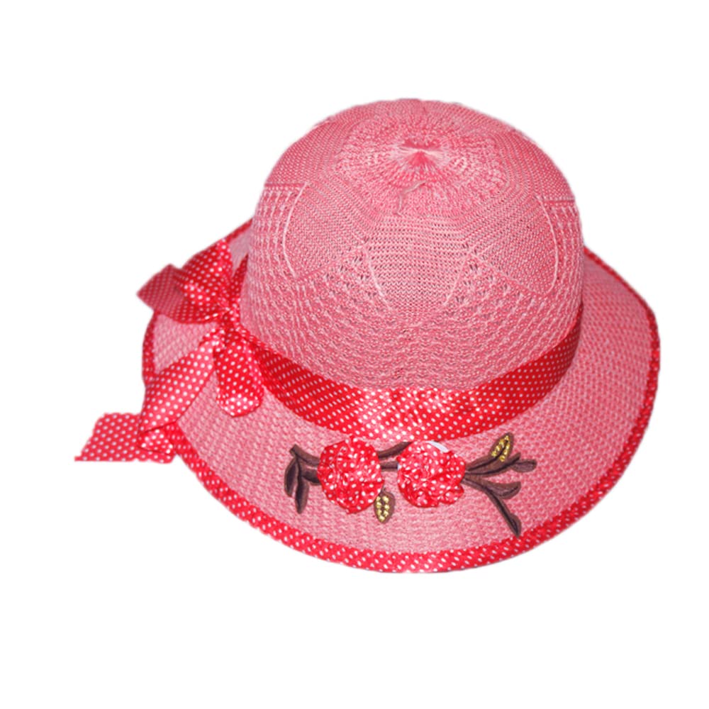 JMP Little Girl Kids Summer Straw Hat Wide Brim Flower Beach Sun Visor Hat (3-8 Years)-(Peach)-image-12