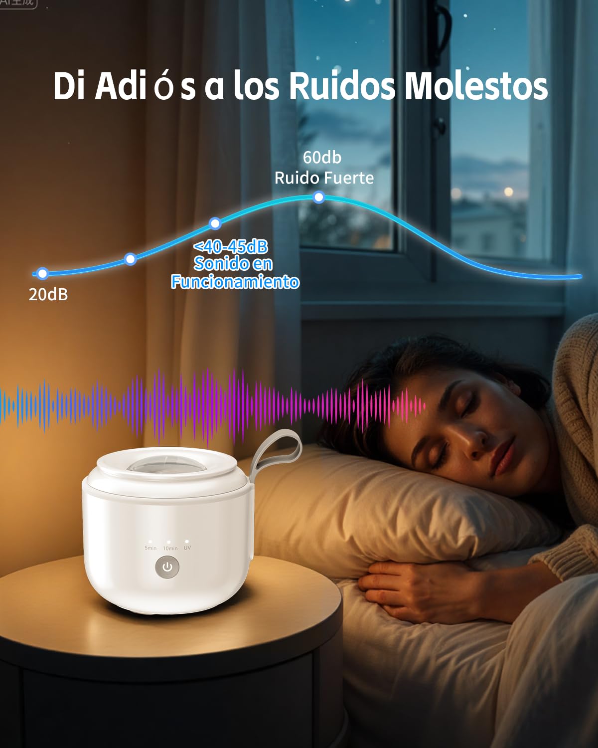 Jeatone Limpiador ultrasónico inalámbrico de 48 kHz, 125 ml, limpiador ultrasónico de prótesis con luz U-V para aparatos ortopédicos, cabezales de cepillo de dientes, joyas, 3 modelos, diseño portátil