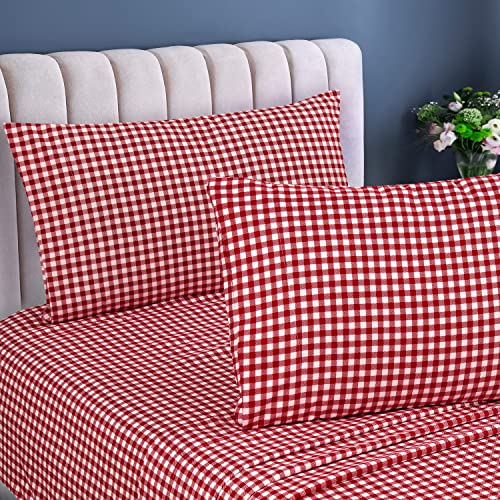 Royale Linens - 4 Piece Printed Queen Bed Sheet - Soft Brushed Microfiber 1800 Bedding Set - 1 Fitted Sheet 1 Flat Sheet 2 Pillow Case - Wrinkle & Fade Resistant Queen Size Sheet Set (Queen,Red Plaid) #TOP4