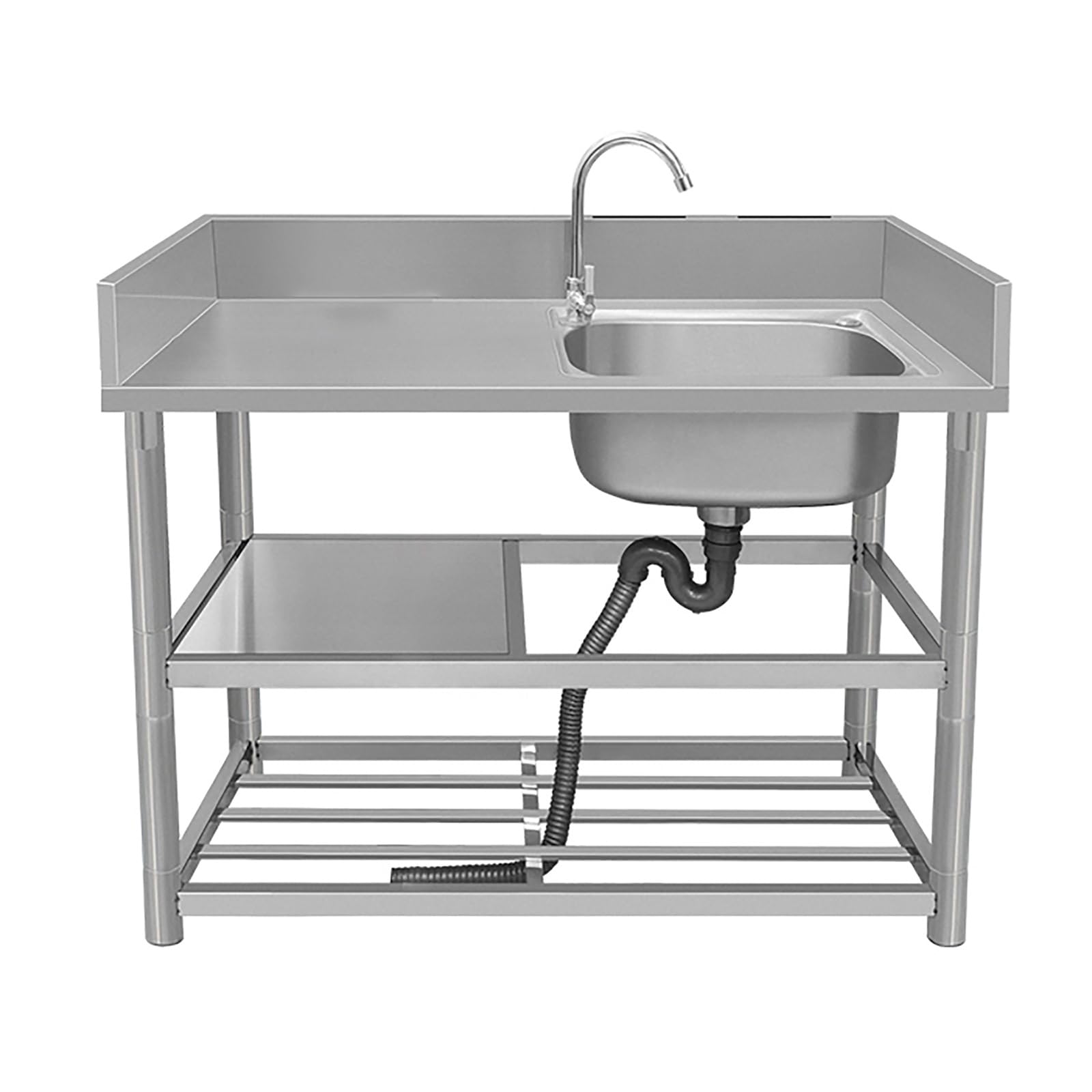ZQFHSX Commercial Grade Stainless Steel Kitchen Sink - Single Bowl 304 with Faucet Storage Shelves Workbench & Drainer for Outdoor/Indoor Restaurant Use