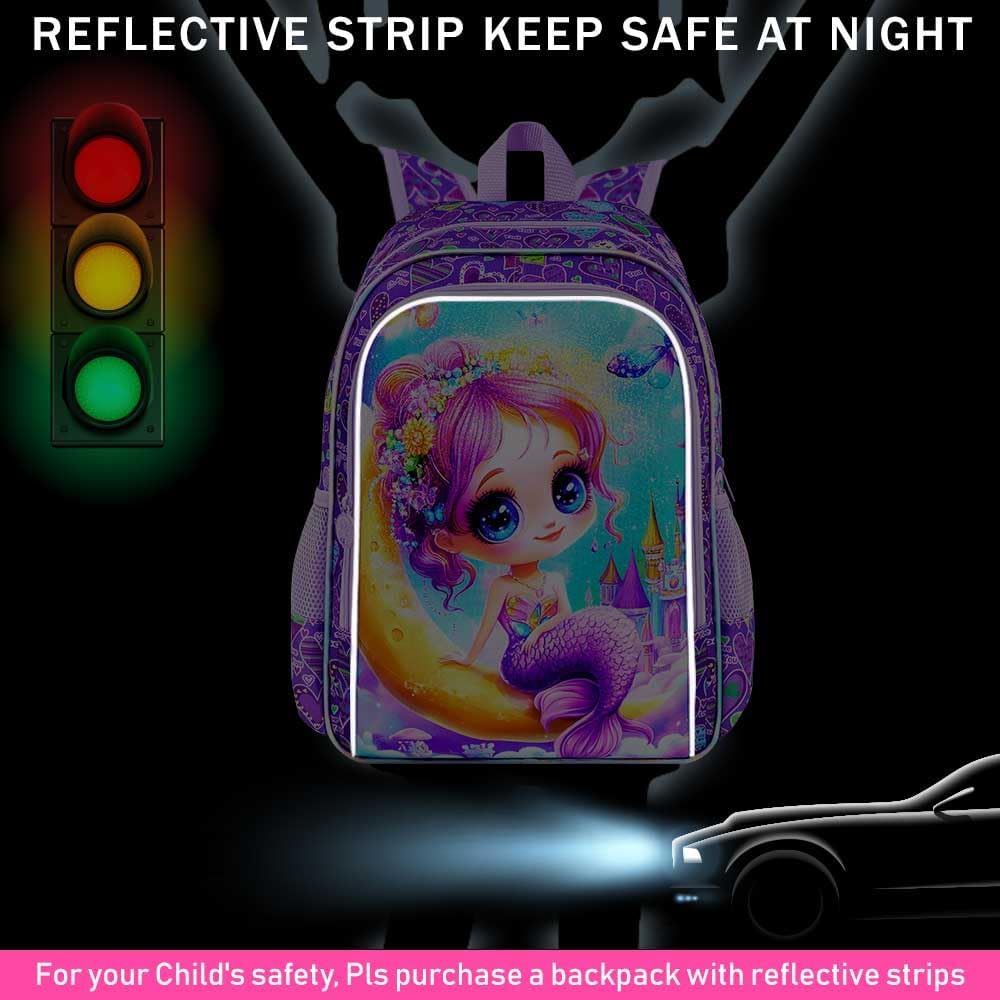 KLFVB 3PCS Preschool Backpack for Girls, Mermaid Bookbag Set Water Resistant with Lunch Box, 16" School Bag for Elementary - Moon Mermaid
