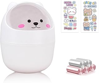Cute Desktop Tiny Trash Can with Flip Lid, Creative Kawaii Bear Mini Wastebasket, Portable Countertop Dustbin for Office Kitchen Vanity Tabletop Bedroom (White)