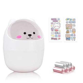 Cute Desktop Tiny Trash Can with Flip Lid, Creative Kawaii Bear Mini Wastebasket, Portable Countertop Dustbin for Office Kitchen Vanity Tabletop Bedroom White