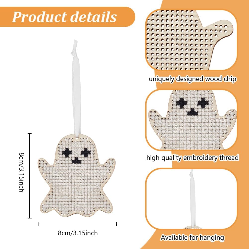 FREEBLOSS 16 Set Halloween Ghost Wooden Cross Stitch Kit Keychain Ornament Sewing Board Wood 4 Style Sewing Kit Cross Stitch Hanging for Key&Bag Wooden Cross Stitch Blanks Set image 3