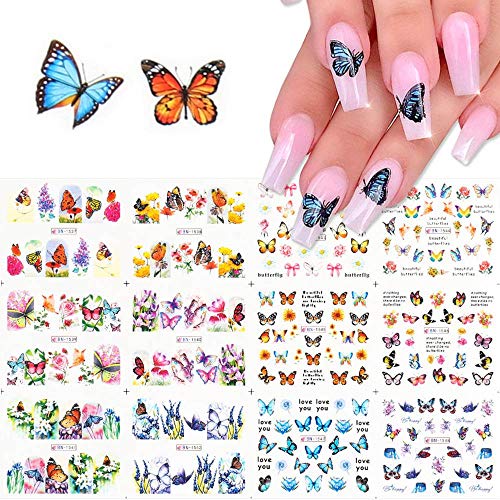 BFY Butterfly Nail Art Decals Sticker Nail Butterfly Flower Design Stickers Holographic Butterfly Nail Art Manicure Transfer Tips Nail Art DIY Nail Art (12 Pcs)