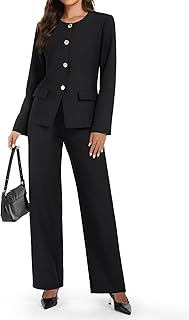 Women's 2 Piece Business Casual Outfits Crew Neck Button Down Blazer Wide Leg Dressy Pants Suit Sets
