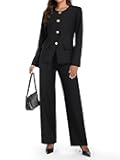 Women's 2 Piece Business Casual Outfits Crew Neck Button Down Blazer Wide Leg Dressy Pants Suit Sets