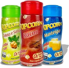 Combo 3 Temperos para Pipoca Popcorn Sabores Manteiga, Cebola e Salsa, Bacon