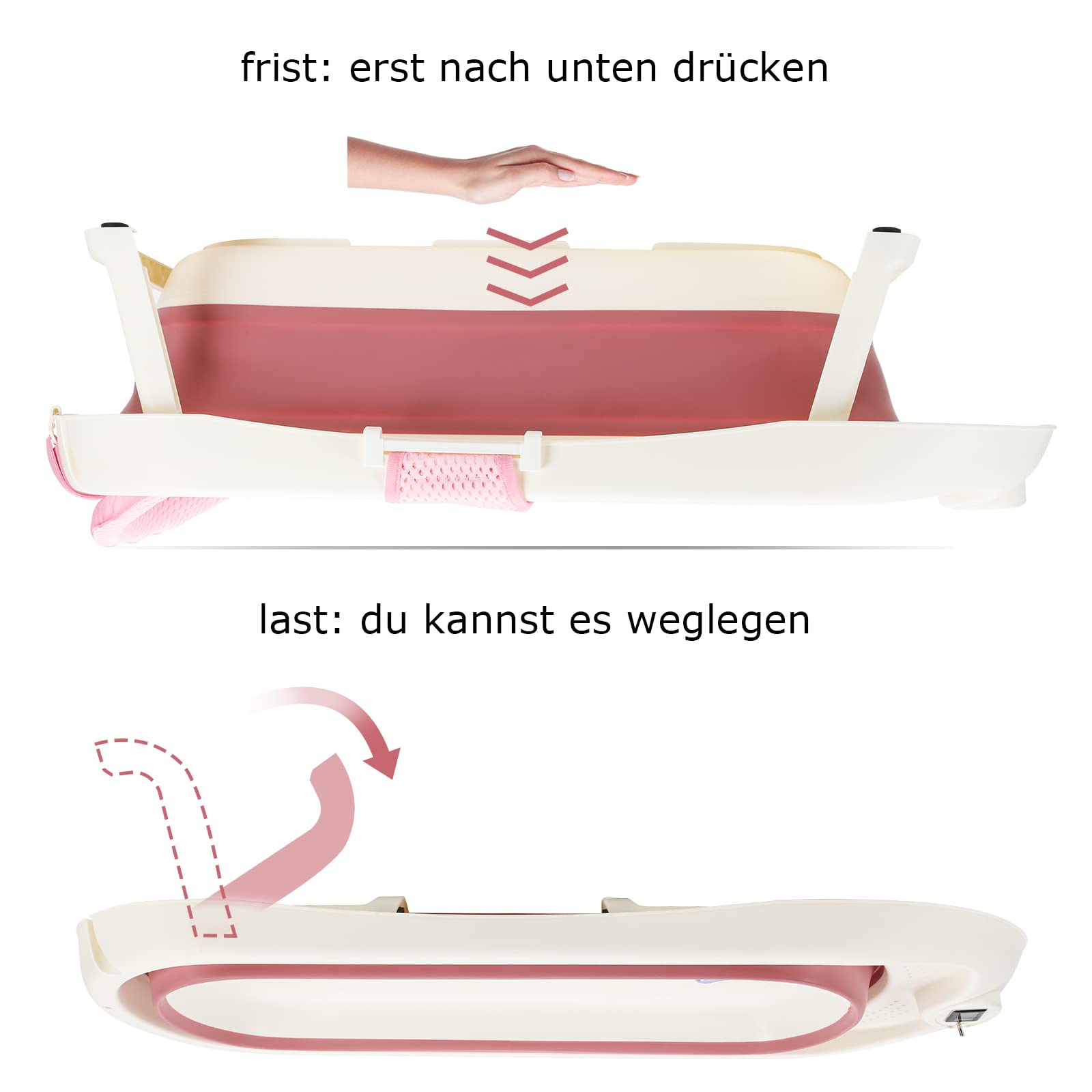 Bañera plegable para bebé con termómetro, cojín de baño, taza para lavar el pelo, bañera para bebés, bañera para bebés con estructura a partir de 0 – 3 años (rosa)