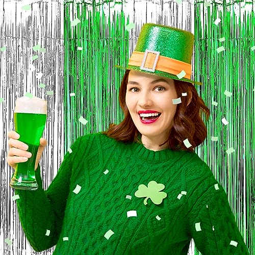 Image of 6 Pack Silver Green Foil Fringe Curtain Backdrop, 3.28Ft x 8.2Ft Metallic Tinsel Foil Fringe Streamer Curtains for Photo Booth, Christmas Day, Thanksgiving, Wedding, New Year Party Decorations