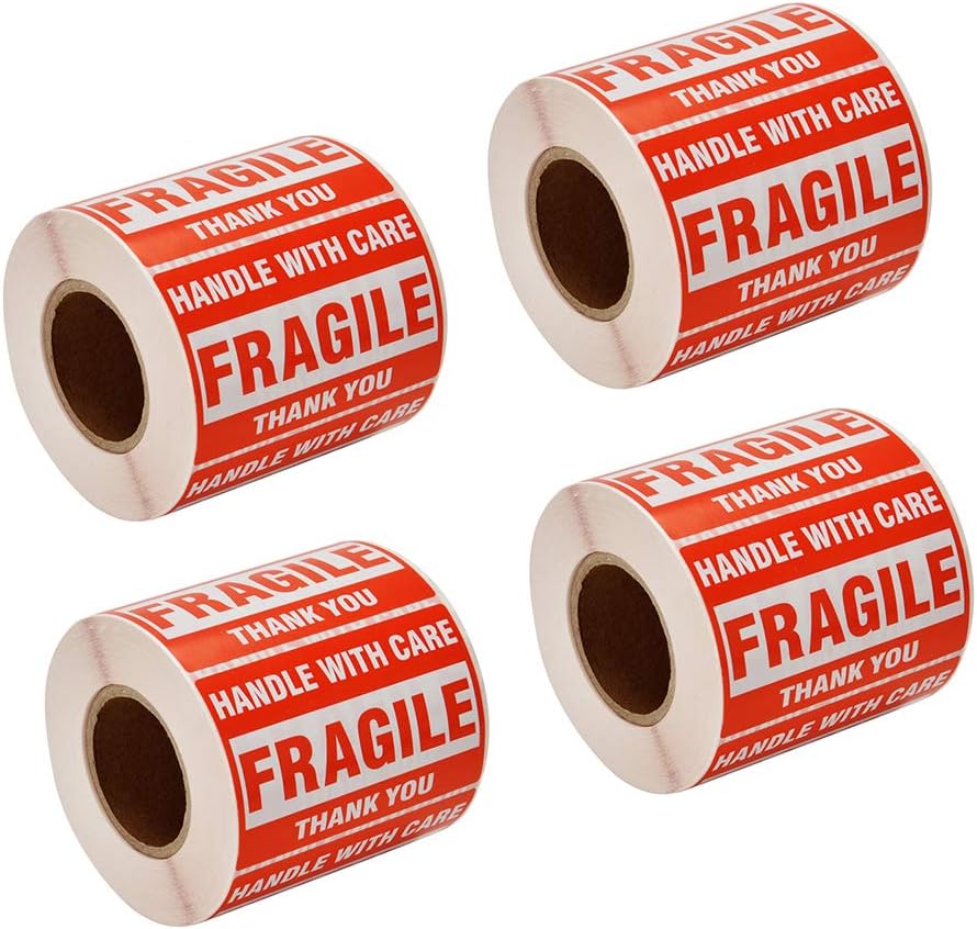 SJPACKSJPACK 2000 Fragile Stickers 4 Rolls 2" x 3" Fragile - Handle with Care - Thank You Shipping Labels Stickers (500 Labels/Roll)