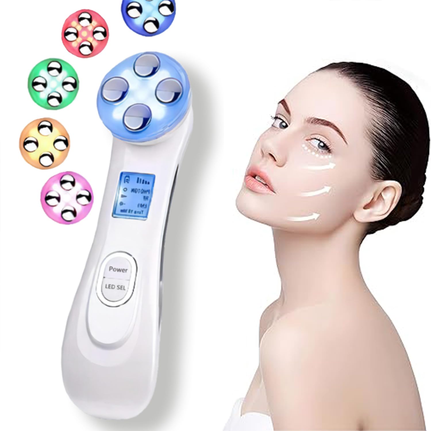 Masajeador Facial, Dispositivo Facial de Radiofrecuencia 5 en 1, LED Lones de Vibración, Instrumento Multifuncional, Anti-envejecimiento, Limpieza Profunda, Cuidado Facial