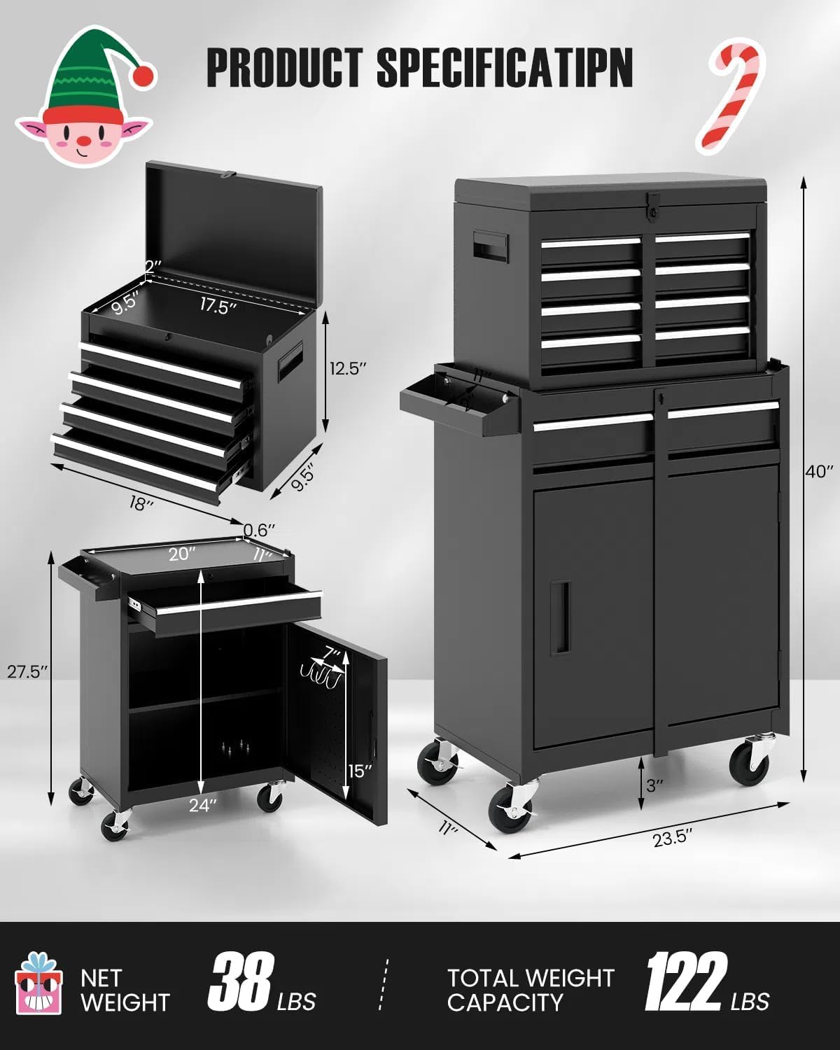 ARNOT 2-in-1 Rolling Tool Chest with 5 Drawers, Heavy-Duty Metal Tool Box with Wheels, Detachable Top Tool Box & Rolling Tool Cabinet for Garage, DIY (5-Drawers, Black)