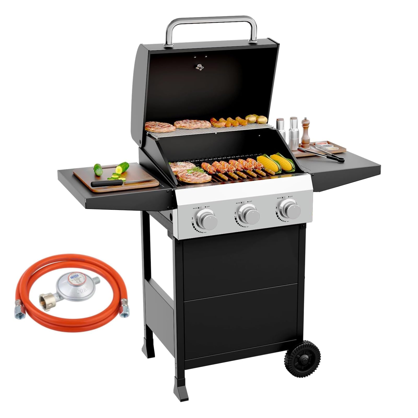 Gasgrill 3 Brenner, Camping Gasgrill 10,5 kW, Grillwagen mit Deckel & 50-mbar-Druckminderer, Gas Grill geeignet für Camping und Grillabende im Garten