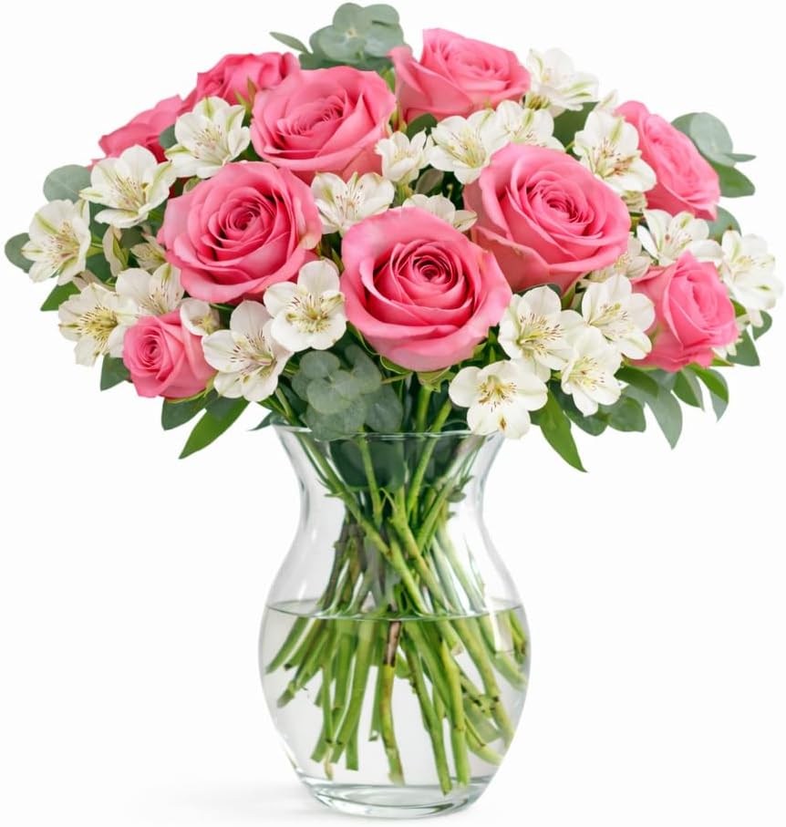 GlobalRose Flowers Fresh Bouquet (Pink & White) - Next-Day Fresh Flowers for Delivery Prime - Hand-Picked Alstroemerias & Roses Bouquet with Greens for Graduation, Birthday & Special Occasions