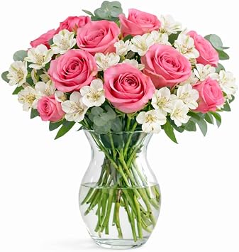 GlobalRose Flowers Fresh Bouquet Pink & White - Next-Day Fresh Flowers for Delivery Prime - Hand-Picked Alstroemerias & Roses Bouquet with Greens for Graduation, Birthday & Special Occasions