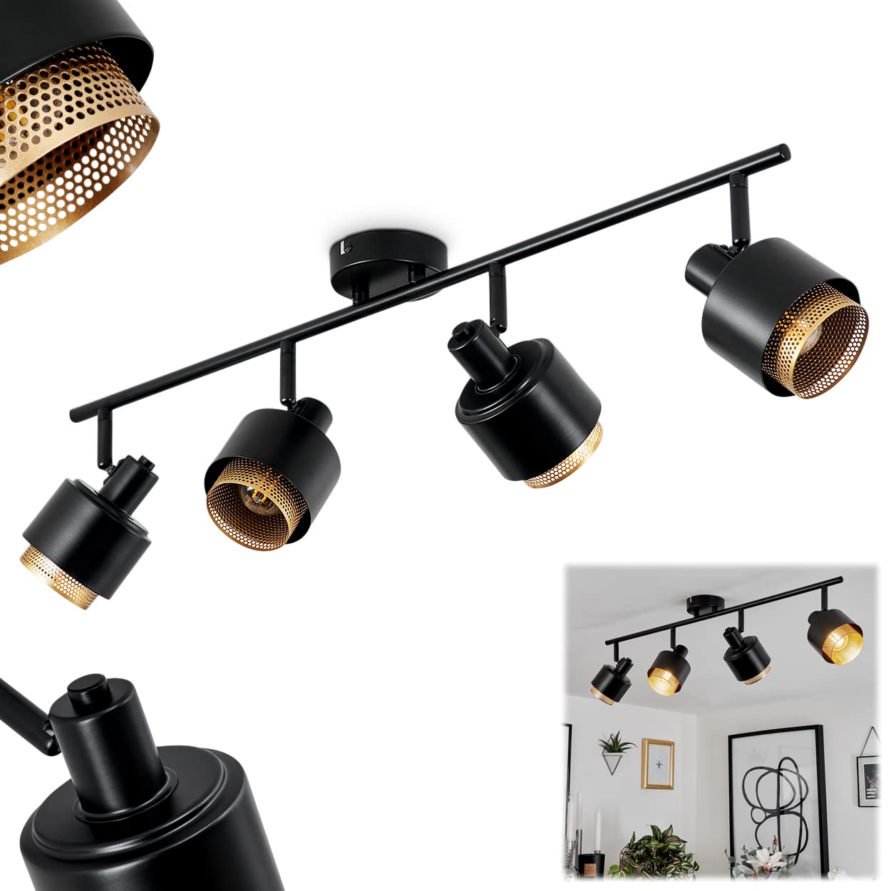 Pegos Ceiling lamp, Modern Metal Ceiling lamp in Black/Gold Colour, Lights in Retro/Vintage Design with Adjustable lampshades (Ø 9 cm), 4 x E14, Bulbs not Included