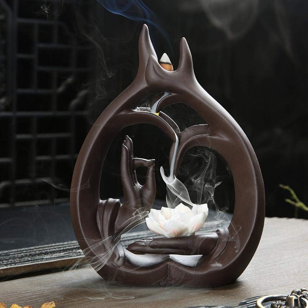 Lotus Zen Backflow Incense Holder, Backflow Incense Burner with 10pcs Free Incense Cone, Ceramic Incense Cone Sticks Holder for Home Decoration, Handicraft Gift (A)