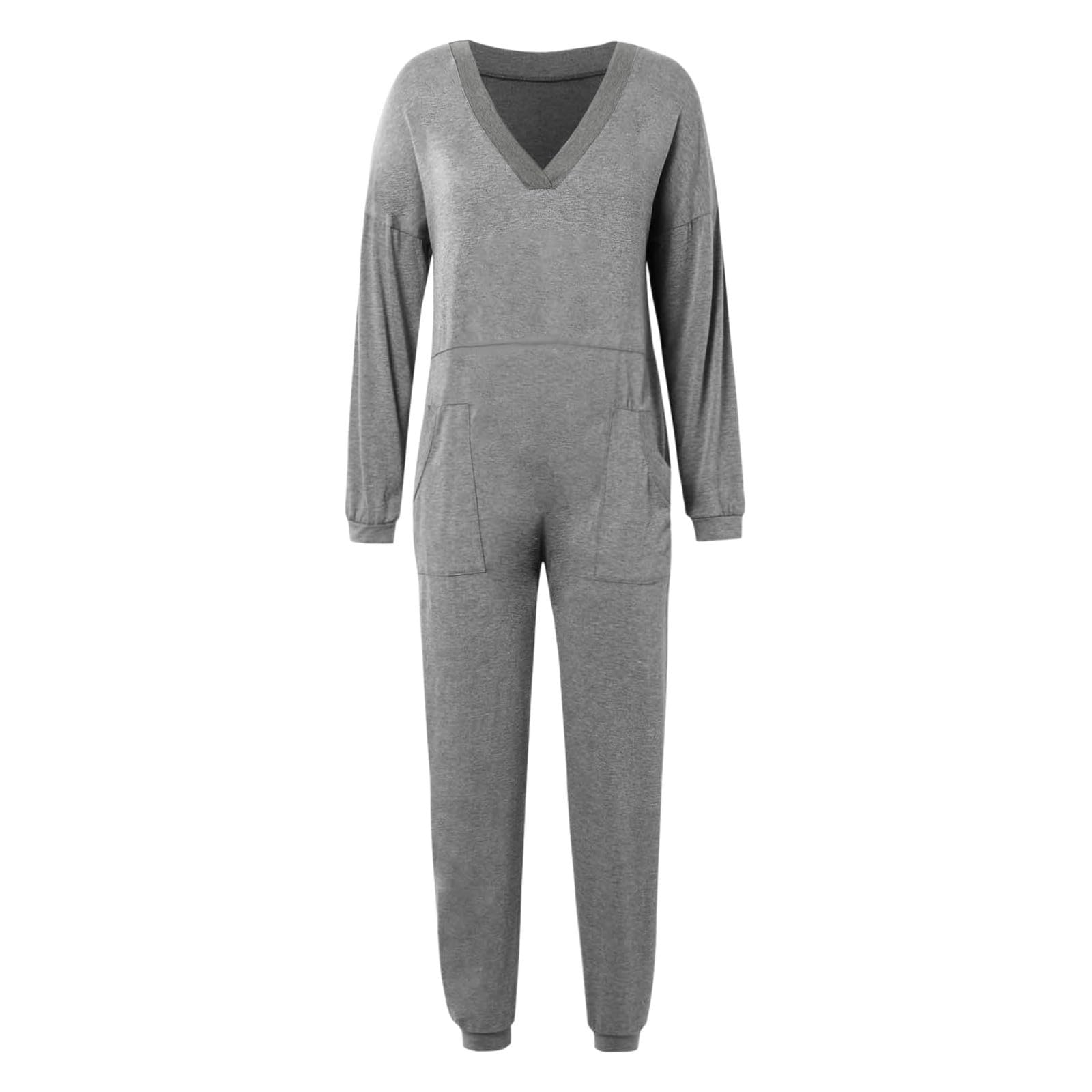 Combinaison à manches longues pour femme - Salopette ample avec poche - Col en V - Pyjama une pièce - Combinaison surdimensionnée légère et respirante - Baggy confortable - Vêtement de nuit sportif