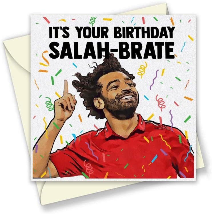 It's Your Birthday Salah-brate Birthday Card - Mo Salah Liverpool Football Soccer Icon Legend Birthday Card - 150mm Square Size - Eco Greetings Cards Made in The UK - T1936