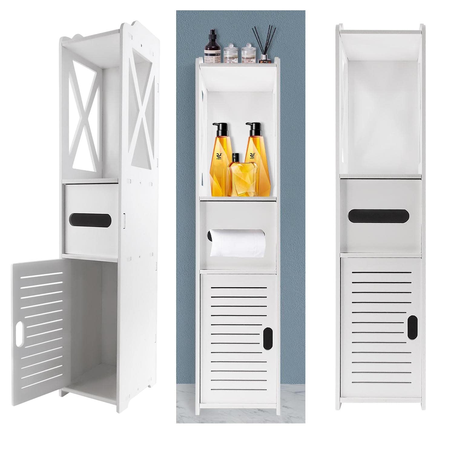 Bathroom Floor Storage Cabinet Slim PVC Storage Furniture w/1 Door, 1 Drawer and 1 Open Shelve, Storage Cupboard & Shelves For Living Room, Bedroom, Hallway White, 80x18x20 cm