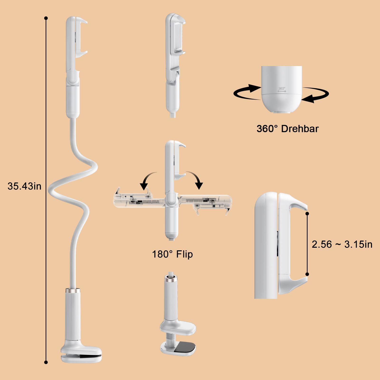 Supporto per cellulare a collo di cigno per letto, supporto flessibile per cellulare, a braccio lungo, con mini morsetto girevole a 360°, compatibile con dispositivi da 4,7 a 6,8" (braccio
