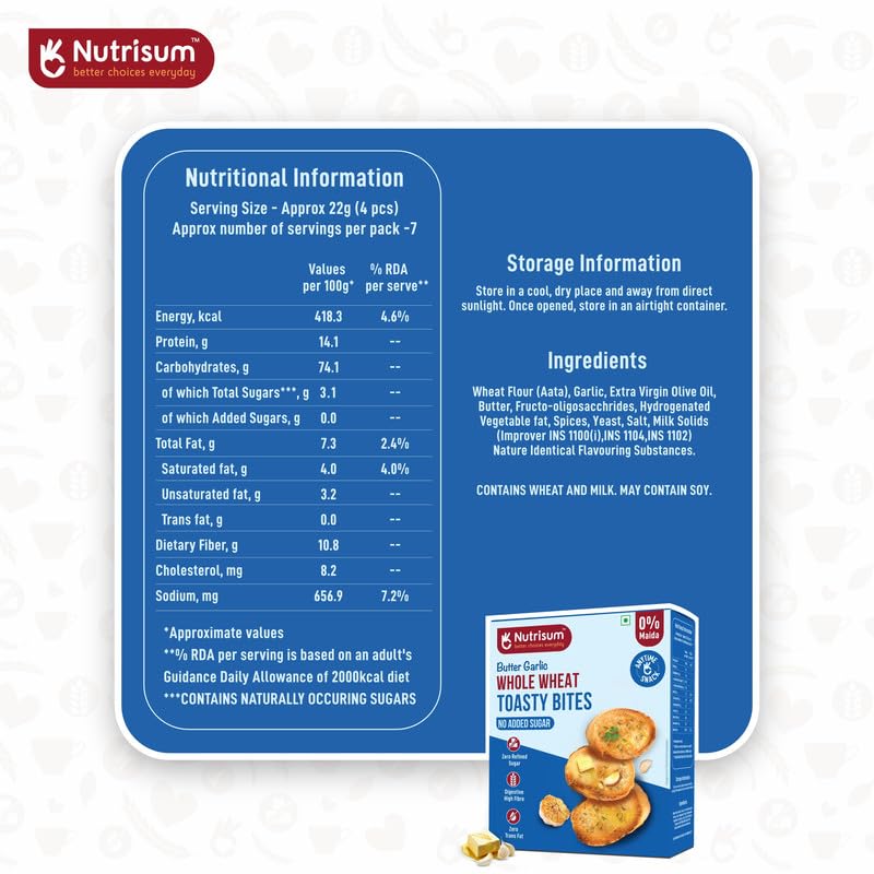 Image of Nutrisum Whole Wheat butter Garlic Rusk /Toast | Toasty Bites | No Maida , Sugar-Free| Made with Real Butter & Olive Oil | Anytime Healthy Rusks for Dips & Toppings Snacks | Digestive Garlic Toast (150gms x Pack of 4)