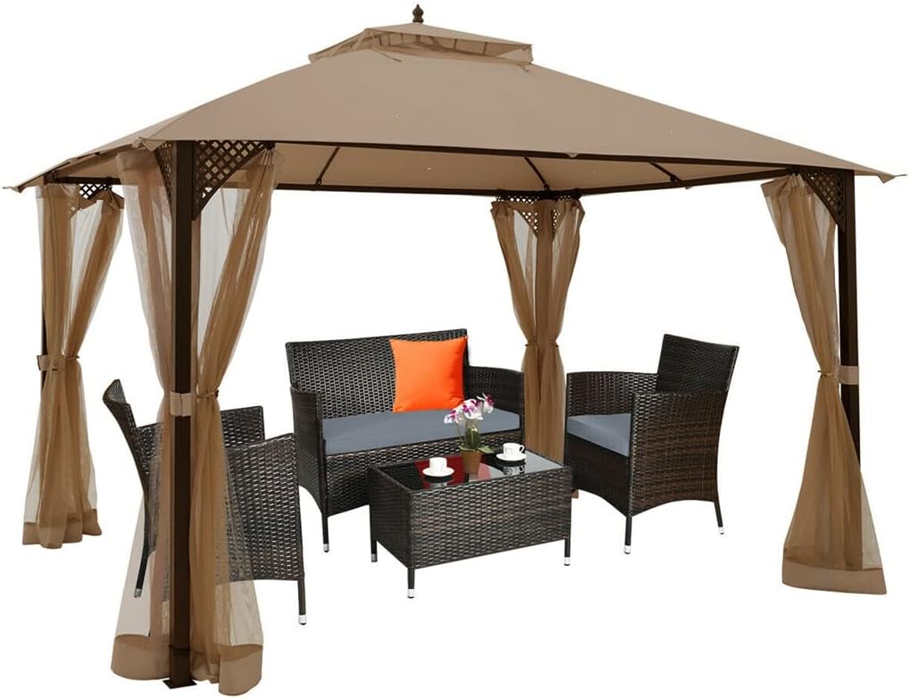 Patiojoy 12' X 10' Outdoor Patio Gazebo Canopy Shelter Top Sidewalls Netting Brown(E)