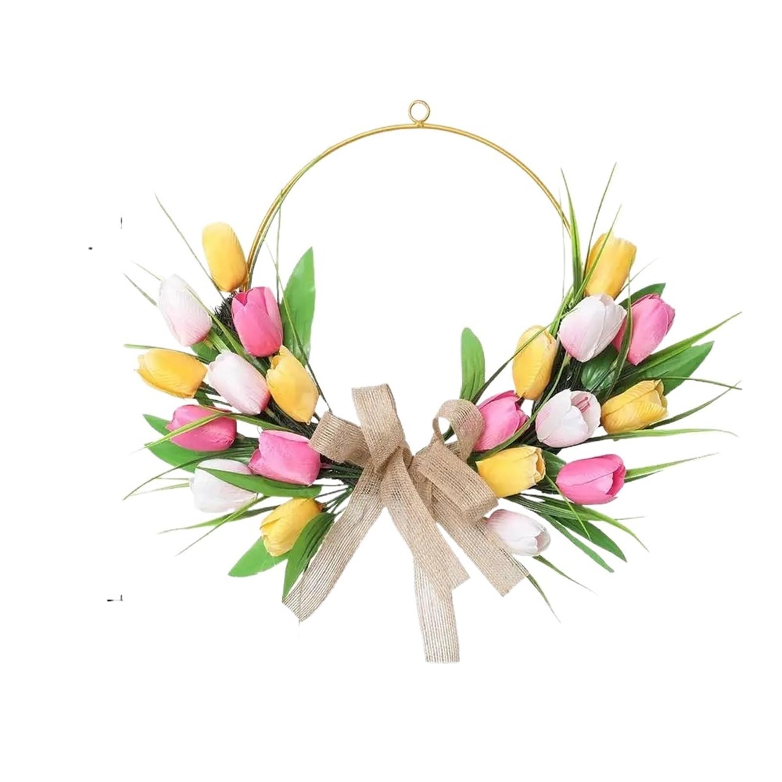 Door Wreath Simulated Tulips Wreath Artificial Flower Bohemian Spring Decor Outdoor Front Door Wreaths Easter Wedding Decoration(Yellow)