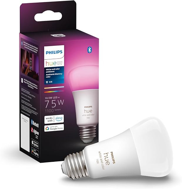 Philips Hue Intelligent 75W A19 LED Ampoule - Lumière de couleur et d'ambiance blanche - paquet de 1 - 1100LM - E26 - Intérieur - Contrôle avec Hue App. - Fonctionne avec Alexa, Google Assistant et Apple Homekit