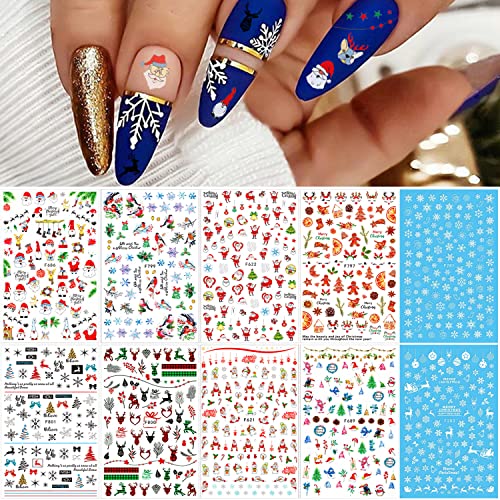 10 Sheets Christmas Nail Stickers White Snowflake Nail Decals Winter 3D Xmas Nail Art Stickers Snowflakes Santa Claus Snowman Buffalo Plaid Deer Nail Designs Stickers For Christmas Nail Decorations #TOP12