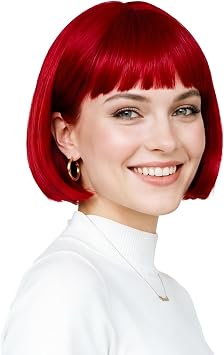 Onedor Red Wig 10" Short Bob Wig with Bangs Straight Colorful Hair Daily Party Cosplay Costume Halloween Decoration Red