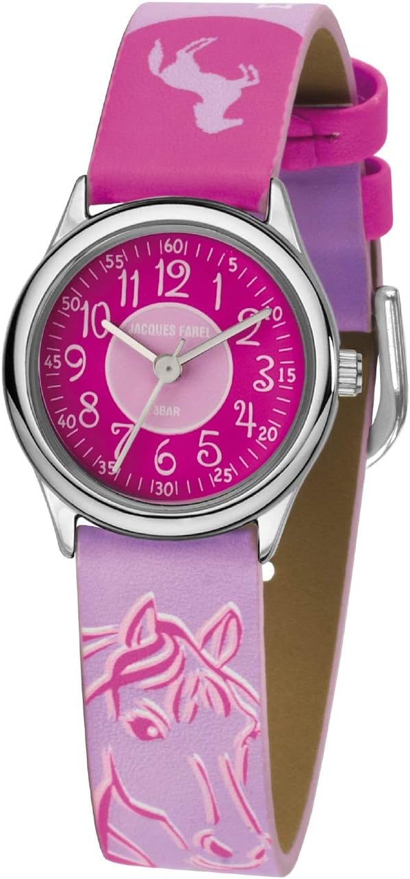 JACQUES FAREL HCC 312 Children's Watch Horse Stars Pink Analogue Quartz Metal Faux Leather