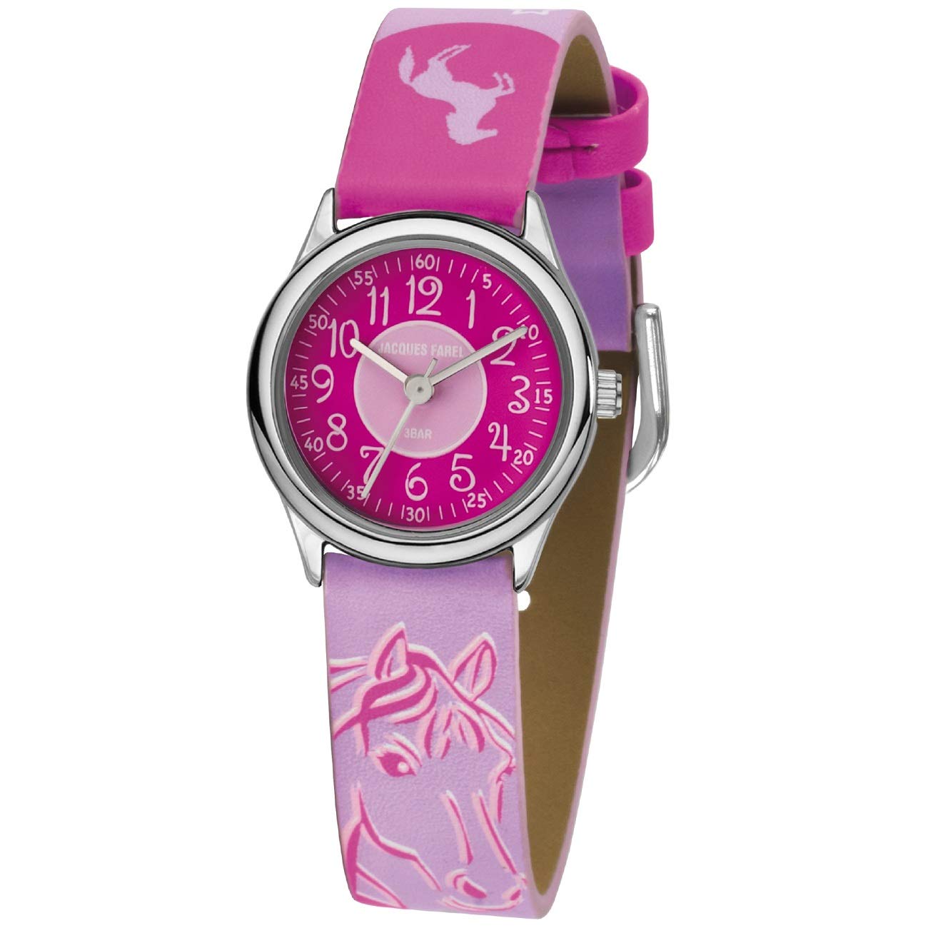 JACQUES FAREL HCC 312 Children's Watch Horse Stars Pink Analogue Quartz Metal Faux Leather