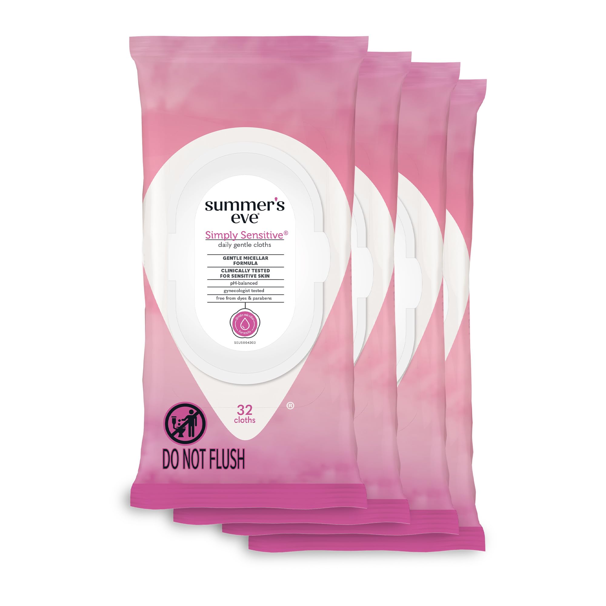 Summer's Eve Fragrance Free and Simply Sensitive Gentle Daily Feminine Wipes, 32 Count, 4 Pack Bundle