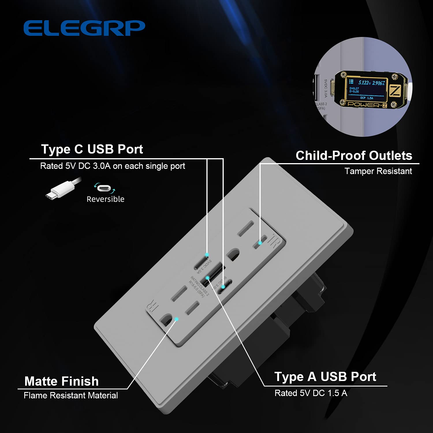 ELEGRP USB Outlets, 30W 6.0 Amp USB C Outlets Receptacles, 3-Port USB Wall Outlet, 15 Amp Tamper-Resistant Outlet with 2 USB C Ports, UL Listed, Screwless Wall Plate Included, 2 Pack, Matte Grey