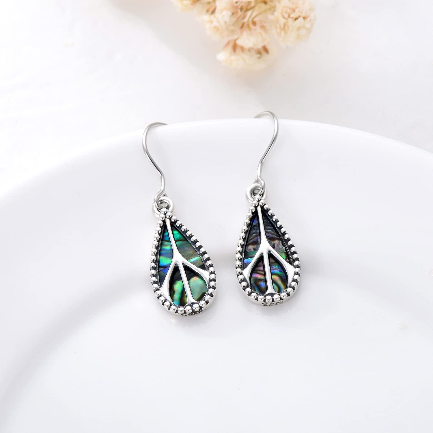 Peace Sign Earrings 925 Sterling Silver Abalone Shell Dangle Drop Earrings Peace Sign Hippie Jewelry Gifts for Women - Image 3
